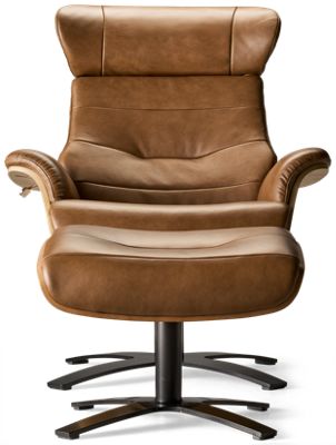 Karma Leather Swivel Chair & Ottoman - Molded Wood Frame - Metal Base - Adjustable Reclining
