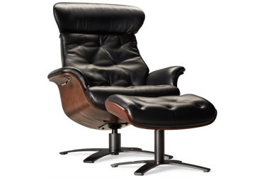 Karma Leather Swivel Chair & Ottoman - Molded Wood Frame - Metal Base - Adjustable Reclining