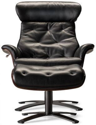 Karma Leather Swivel Chair & Ottoman - Molded Wood Frame - Metal Base - Adjustable Reclining