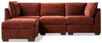 Puzzle 4 Piece Classic Sectional - Storage Ottoman - Modular System - Plush Cushions - Angled Track Armrests - Toss Pillows - Soft Chenille Fabric