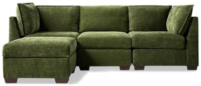 Puzzle 4 Piece Classic Sectional - Storage Ottoman - Modular System - Plush Cushions - Angled Track Armrests - Toss Pillows - Soft Chenille Fabric