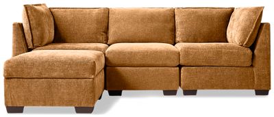 Puzzle 4 Piece Classic Sectional - Storage Ottoman - Modular System - Plush Cushions - Angled Track Armrests - Toss Pillows - Soft Chenille Fabric