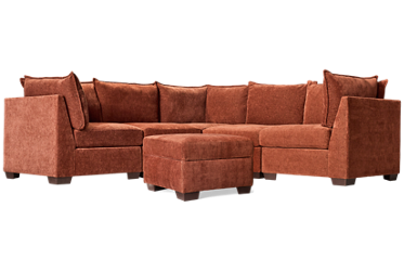 Puzzle 6 Piece Sectional - Storage Ottoman - Modular System - Plush Cushions - Angled Track Armrests - Toss Pillows - Soft Chenille Fabric