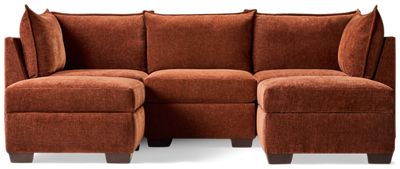 Puzzle 5 Piece Sectional - Modular System - Plush Cushions - Angled Track Armrests - Storage Ottomans - Toss Pillows - Soft Chenille Fabric