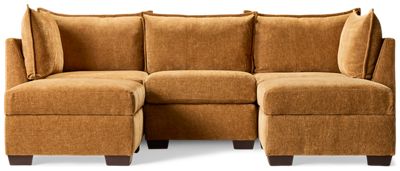Puzzle 5 Piece Sectional - Modular System - Plush Cushions - Angled Track Armrests - Storage Ottomans - Toss Pillows - Soft Chenille Fabric