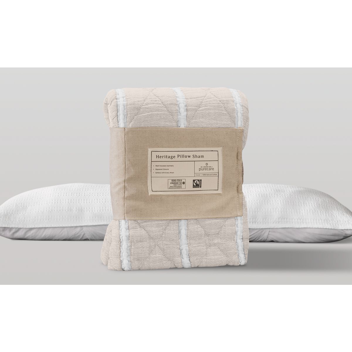 PureCare® PureCare Dr. Weil Collection Heritage Pillow Sham - 100% Natural Cotton - Garment Washed Softness - Textured Reversible Design - Hidden Zipper Closure