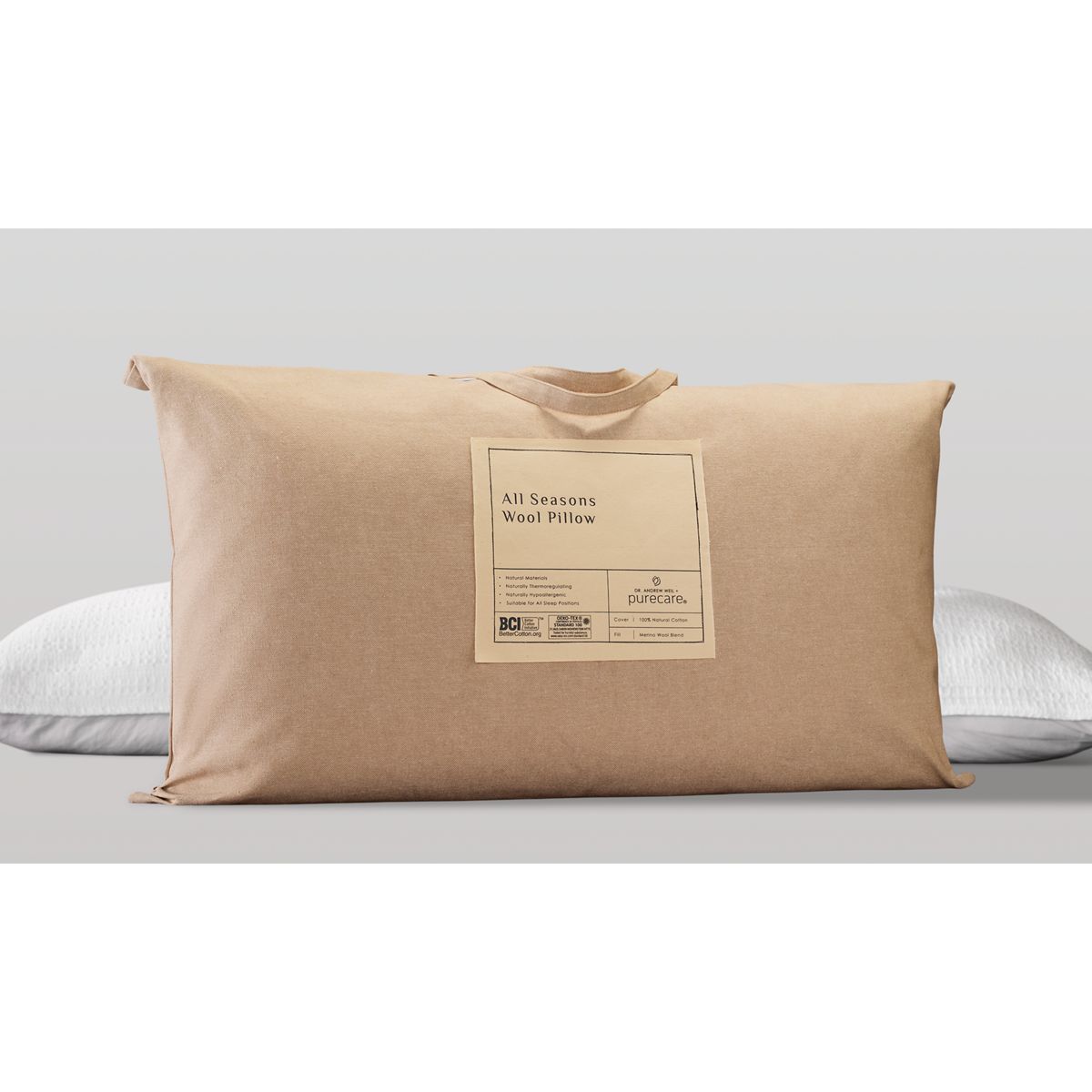 PureCare® Dr. Weil Collection All Seasons Wool Pillow - Soft 100% Natural Cotton Cover - Merino Wool Blended Fill - Hypoallergenic & Thermoregulating