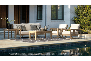 Gerianne Outdoor Sofa - Eucalyptus Wood Frame - High Performance Nuvella Cushions - 4 Toss Pillows