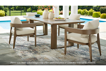Serene Bay Dining Table - Textured Brown Finish - Sturdy Powder-Coated Aluminum - Planked Top With Beveled Edges - Center Umbrella Hole
