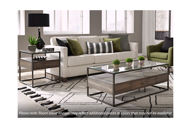 Jamestown Coffee Table - Glass Top - Minimalist Metal Frame - Tobacco Finish - Herringbone Pattern - Storage Drawer