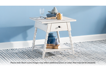 Country Living Splayed Bobbin End Table - Vintage Charm - Square Planked Top - Turned Spool Legs - Storage Drawer - Open Bottom Shelf