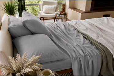 PureCare® Dr. Weil Collection Blended Linen Sheets - 100% All-Natural Linen & Cotton - Precision-Fit® Elastic Cuff - Extra Width Flat Sheet - Enveloping Pillowcases (Stone Gray)