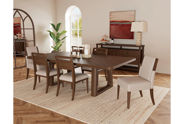 Delia 7 Piece Dining Set - Rectangular Table - Modern Trestle Design - Self-Storing 20" Leaf - Six Upholstered Chairs - Rich Walnut Finish