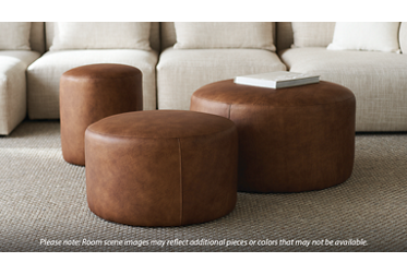Leo Leather Accent 17" Round Ottoman - Cylindrical Silhouette - Domed Top Comfort - Top Grain Aniline