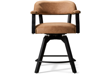 Rylie Counter Stool - Chic Curved Open Back - Cushioned Vegan Leather Seat - Copper-Finish Nailheads - Solid Wood Angled Legs - 360-Degree Swivel