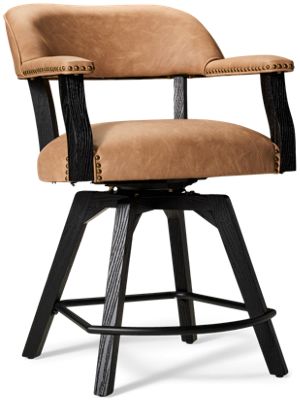 Rylie Counter Stool - Chic Curved Open Back - Cushioned Vegan Leather Seat - Copper-Finish Nailheads - Solid Wood Angled Legs - 360-Degree Swivel