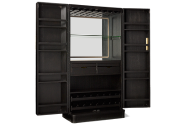 Aria Bar Cabinet - 2 Fluted Doors - Storage Shelving - Stemware Rack - Pull-Out Bottle Racks - Integrated Mirror Lighting