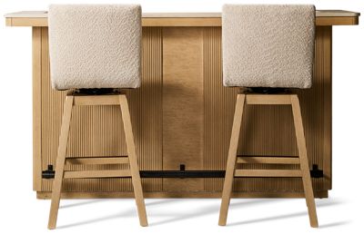 Cambria 3 Piece Bar Set - Rectangular Bar - 3 Accessory Drawers - Adjustable Storage Shelves - Wine Storage - Stemware Rack - 2 Upholstered Swivel Bar Stools