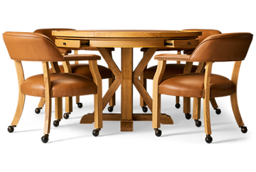 Rylie 5 Piece Game Table Set - Trestle Base Table - 4 Arm Chairs with Casters - Game Table Top - Chip & Cup Holders