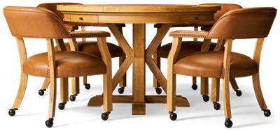 Rylie 5 Piece Game Table Set - Trestle Base Table - 4 Arm Chairs with Casters - Game Table Top - Chip & Cup Holders