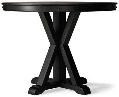Rylie Counter Table - 48-Inch Round Top - Inlaid Pinwheel Pattern - Four Felt-Lined Utility Drawers - Rustic Timber Beam Trestle Base