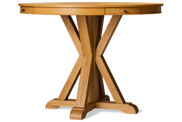 Rylie Counter Table - 48-Inch Round Top - Inlaid Pinwheel Pattern - Four Felt-Lined Utility Drawers - Rustic Timber Beam Trestle Base
