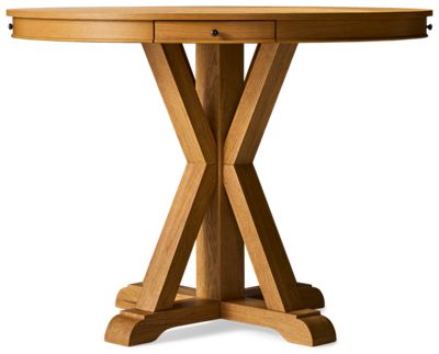 Rylie Counter Table - 48-Inch Round Top - Inlaid Pinwheel Pattern - Four Felt-Lined Utility Drawers - Rustic Timber Beam Trestle Base