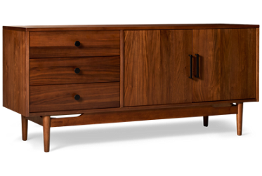 Olson Console - 3 Drawers - 2 Storage Doors - Adjustable Shelves - Back Cutouts For Wire Management - Solid Asian Hardwood - Mid-Century Modern