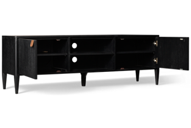 Primo TV Bench - 2 Door Media Console - 2 Open Shelves - Wire Cutouts - Solid Asian Hardwood - Modern Design - Tapered Legs - Ample Storage
