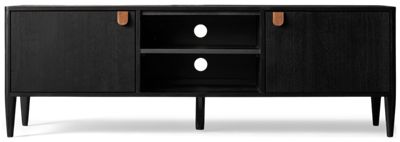 Primo TV Bench - 2 Door Media Console - 2 Open Shelves - Wire Cutouts - Solid Asian Hardwood - Modern Design - Tapered Legs - Ample Storage
