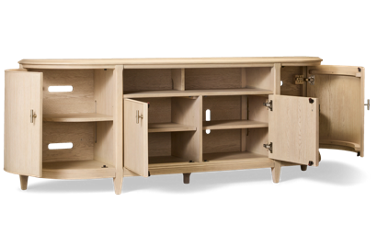 Carmella 4 Door Media Console - Elegant Curved Ends - Beveled Details - Adjustable Shelves - Seamless Wire Management