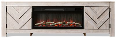 Cayboni TV Stand with Fireplace - 2 Doors - Adjustable Shelves - Faux Birch Logs - Adjustable Heat