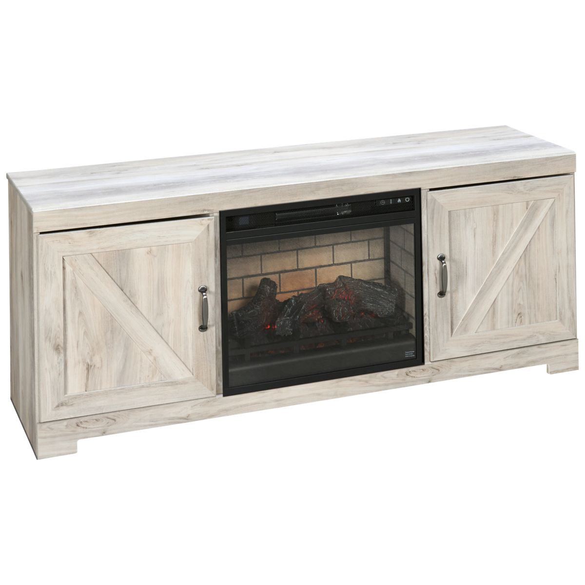 Ashley Kallari Fireplace Console - 2 Storage Doors - Adjustable Shelves - Electric Fireplace Insert - Ambient Down Lighting - Built-In Wireless Speakers