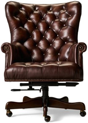Jefferson Leather Office Chair - Padded Button-Tufted Backrest - Nailhead Trim - Rolled Arms - Height Adjustable - Smooth-Rolling Casters