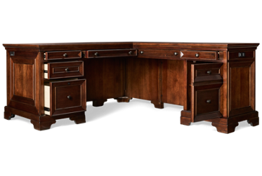 Arlington L-Shaped Desk - Six Drawers - Locking File Drawer - Drop Front Keyboard Drawer - Built-In AC Outlets - Molded Details