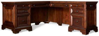 Arlington L-Shaped Desk - Six Drawers - Locking File Drawer - Drop Front Keyboard Drawer - Built-In AC Outlets - Molded Details