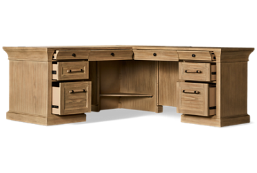 Willow Lane L-Shaped Desk - Solid Oak - Six Storage Drawers - Wire Management & Power Strip with USB Ports
