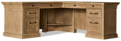 Willow Lane L-Shaped Desk - Solid Oak - Six Storage Drawers - Wire Management & Power Strip with USB Ports