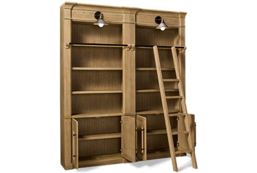Willow Lane 2 Bookcase Set - Adjustable Shelves & Storage Doors - Built-In Light Sconces - Sliding Ladder