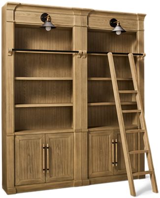 Willow Lane 2 Bookcase Set - Adjustable Shelves & Storage Doors - Built-In Light Sconces - Sliding Ladder
