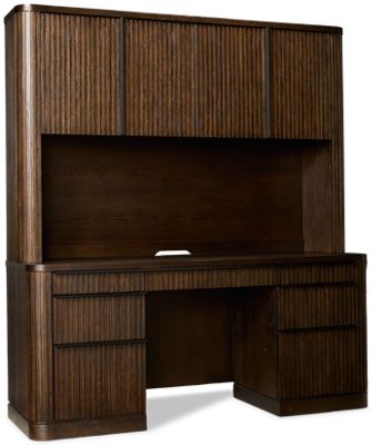 Tulane Credenza & Hutch - 6 Storage Drawers - Drop-Down Keyboard Surface - Power Strip - 4 Door Hutch - Fluted Detailing
