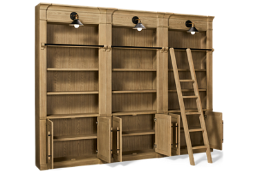 Willow Lane 3 Bookcase Set - Adjustable Shelves & Storage Doors - Built-In Light Sconces - Sliding Ladder