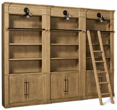 Willow Lane 3 Bookcase Set - Adjustable Shelves & Storage Doors - Built-In Light Sconces - Sliding Ladder