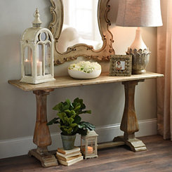 Distressed Natural Pedestal Console Table