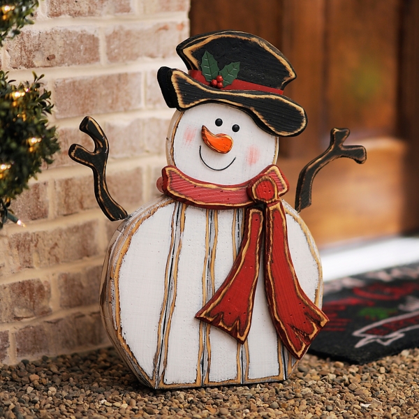 Distressed Wooden Snowman Statue | Kirklands