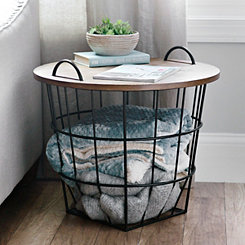 Industrial Wire and Wood Basket Side Table