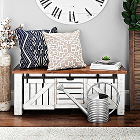 Farmhouse White Sliding Storage Bench