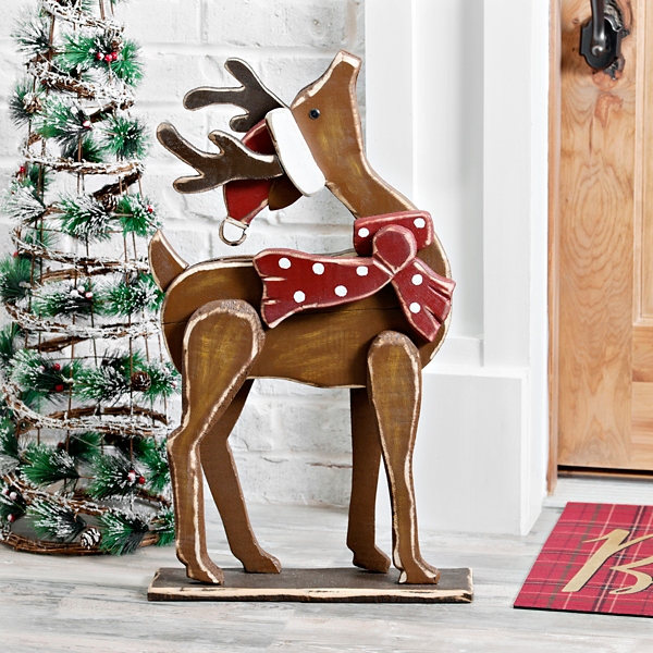 Wooden Reindeer With Santa Hat Outdoor Statue Kirklands