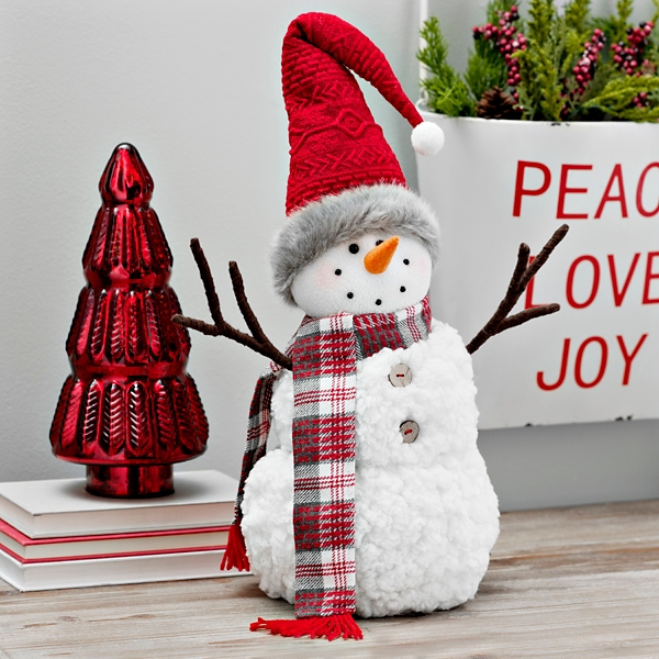 Plaid Scarf and Santa Hat Plush Snowman