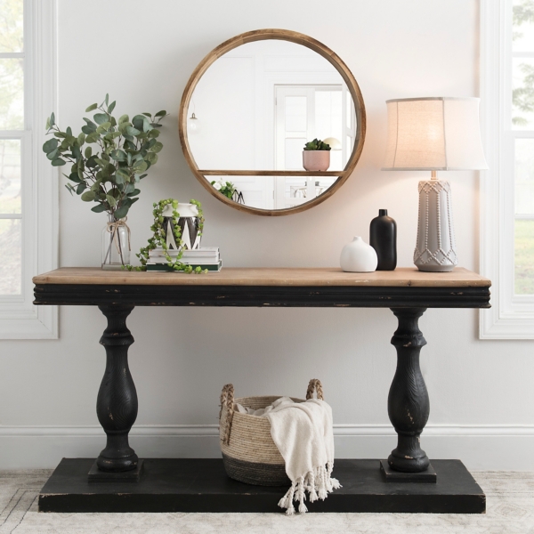 Distressed Black Double Pedestal Console Table